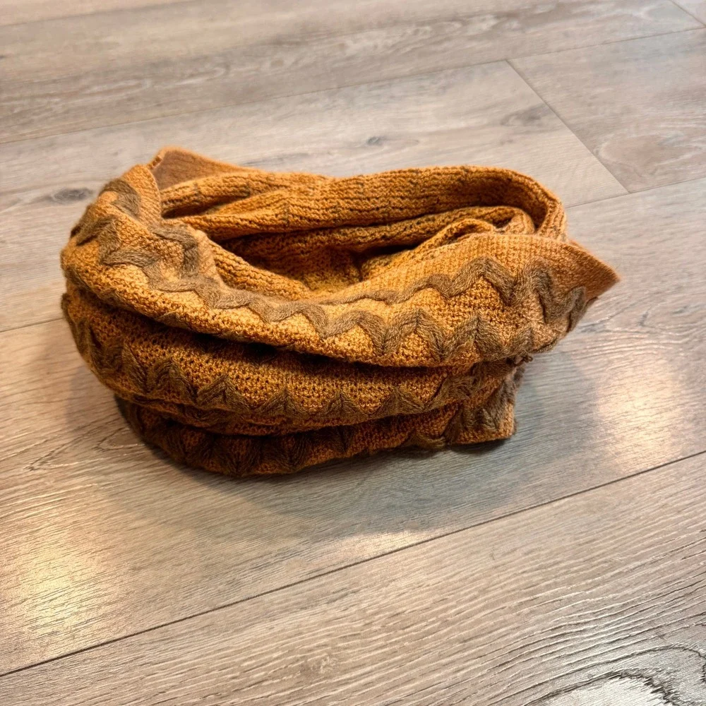 Cozy Chevron Knit Infinity Scarf Mustard Brown Acrylic Warm Winter Accessory‎